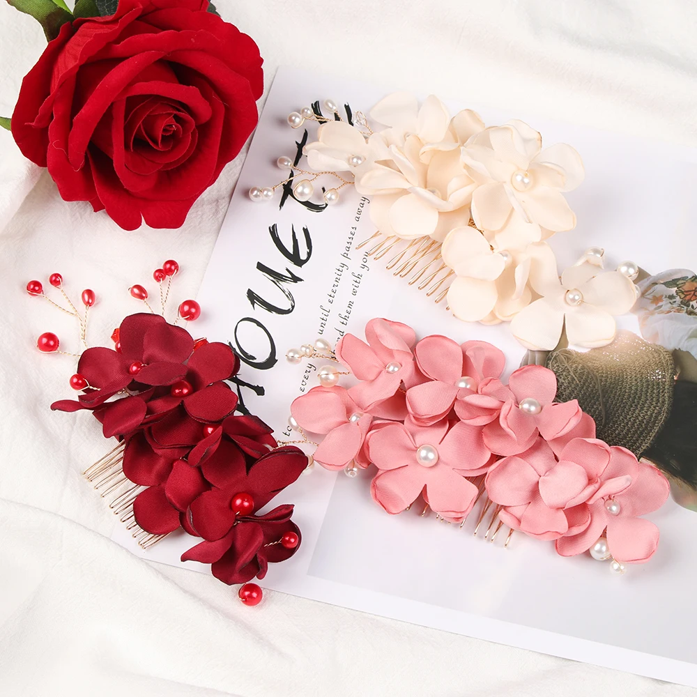 

1Pcs Fashion Red Flower Hair Comb Bridesmaid Crystal Hair Clip Bridal Hairpin Wedding Hair Jewelry For Women Party Hairband Gift