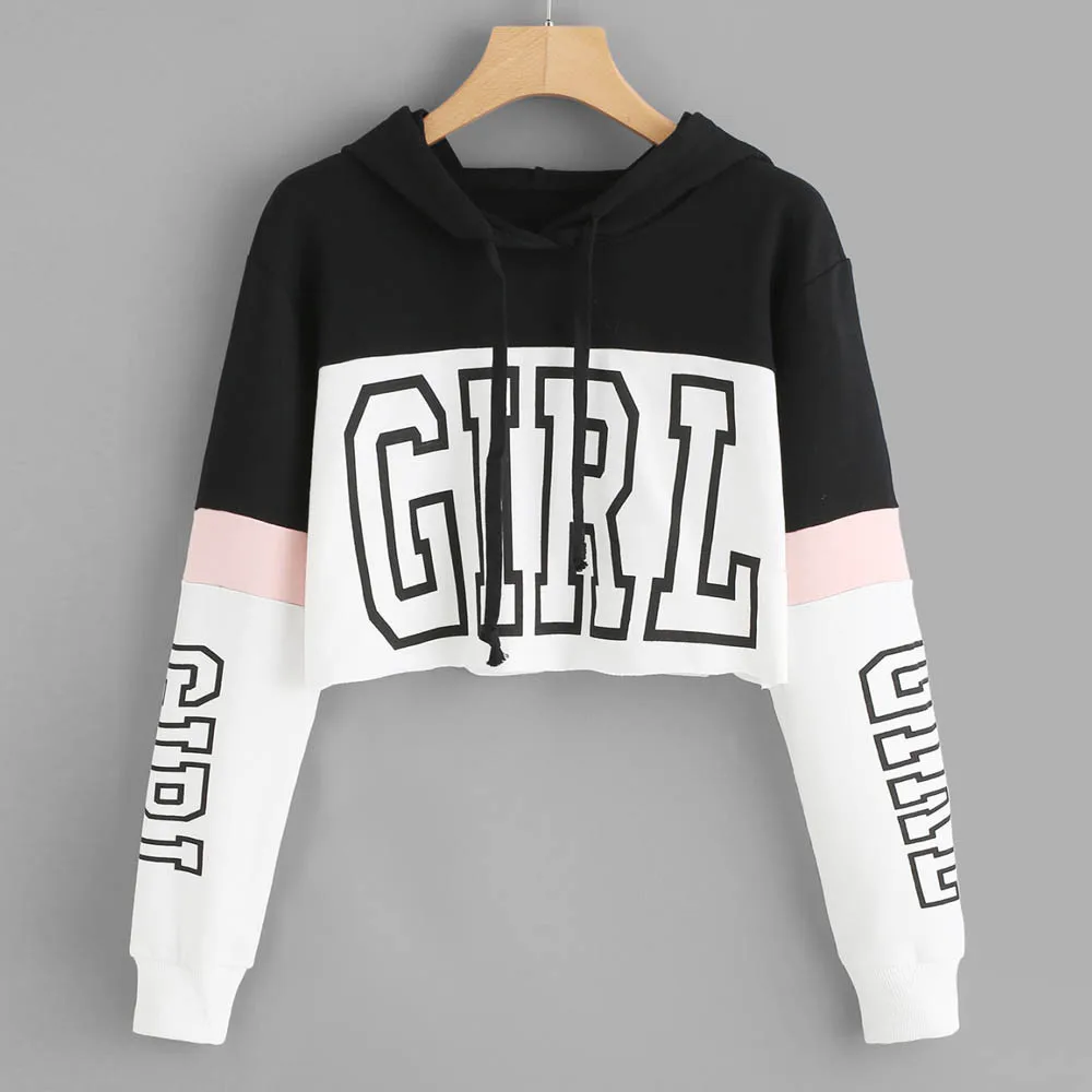 Fashion Women Hoodies Printing Long Sleeve Casual Short Hooded Sweatshirt Girl Patchwork Pullover Tops Female clothes толстовка |