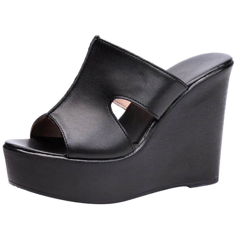 

2022 New Summer Fish Mouth Genuine Leather Slipper Women Platform Sandals Heighten Shoes Wedges Sandals High Heels 6 / 8 / 11 Cm