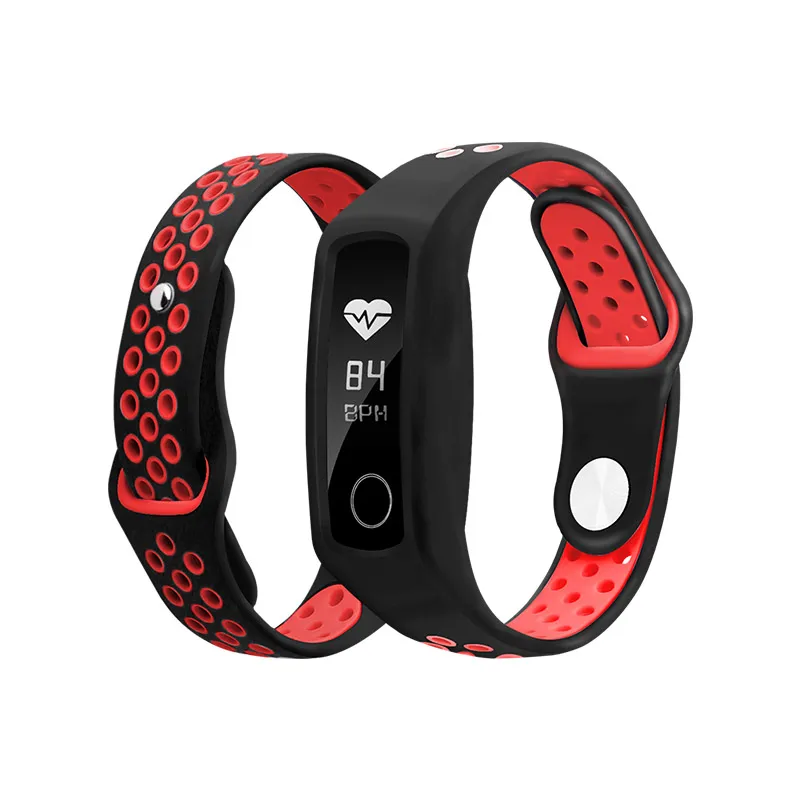 Два-Цвет мягкий силиконовый ремешок для honor band 4/5/3 спортивный ремешок пористый вентиляции Цветной браслет honor band 4 ремень - Цвет: black red