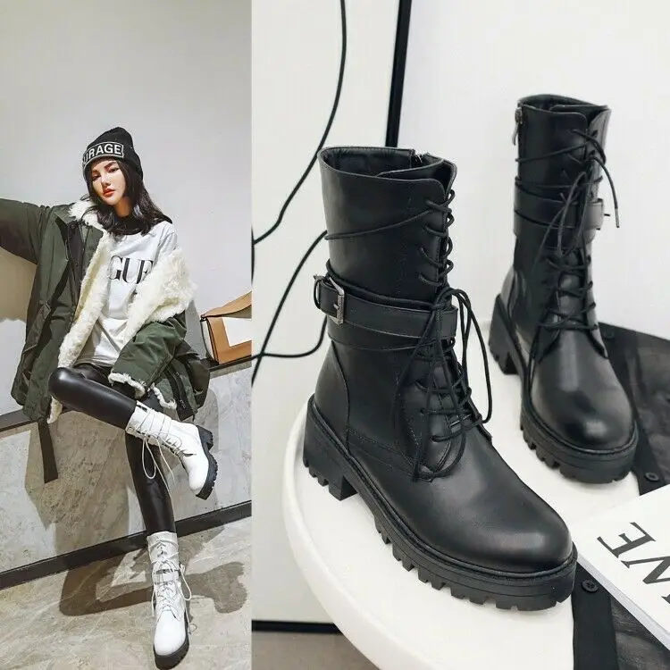 

Military Ladies Combat Ankle Boots Chunky Heels Lace up Buckle Punk Shoes All SZ
