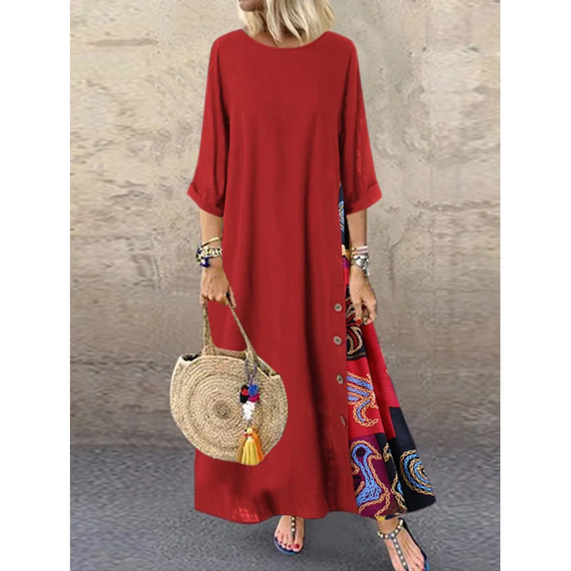 

Large Size Loose Casual Maxi Dress Autumn Long Sleeve Solid Color Red Vintage Patchwork Fashion A-line O-neck Women Long Dresses