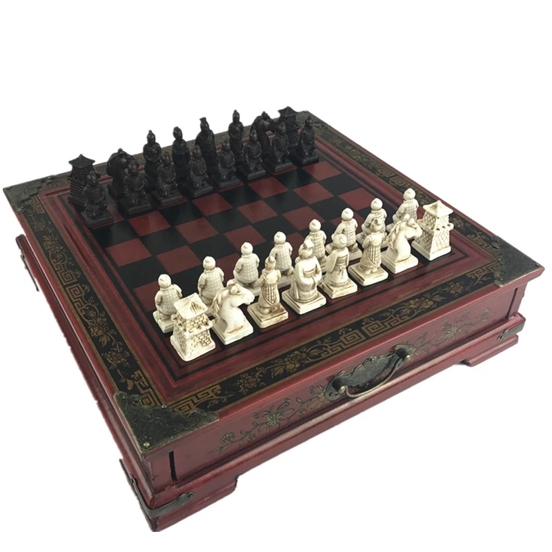 

New Wood Chess set Chinese Retro Terracotta Warriors Chess Wood Do Old Carving Resin Chessman Christmas Birthday Premium Gift