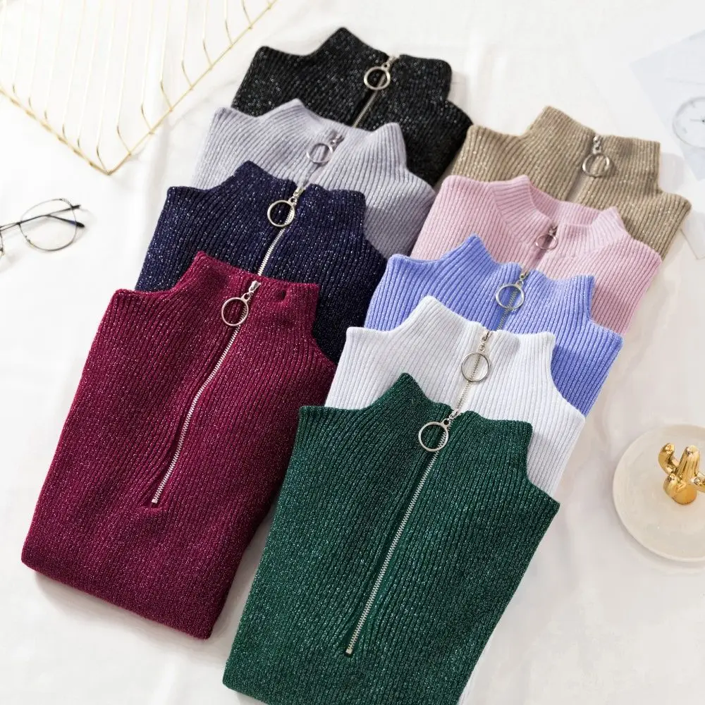 Осень-зима 2020 вязаный пуловер на молнии с воротником-хомутом Повседневный Яркий