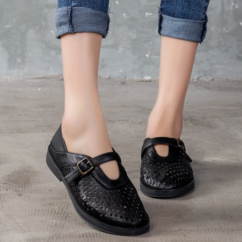 

VALLU Leather women's shoes 2020 spring and summer hollow sandals belt buckle flat low-top shoes pregnant women mom shoes