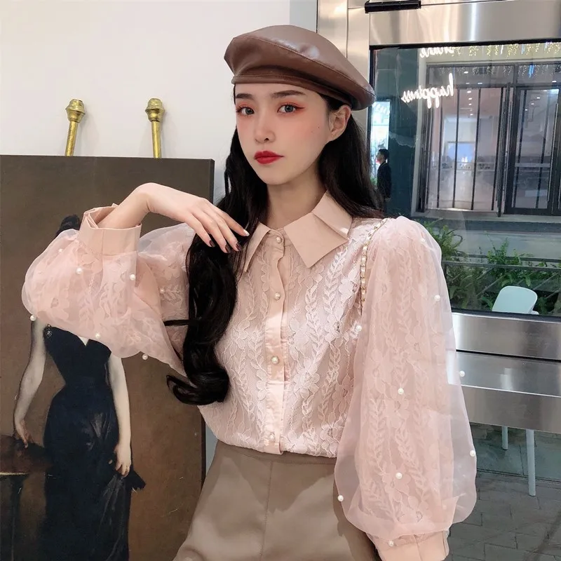 

Милые кружевные топы ulzzang на весну и осень, новая женская одежда, корейские модные брендовые рубашки, блузка с воротником «Питер Пэн», розовы...