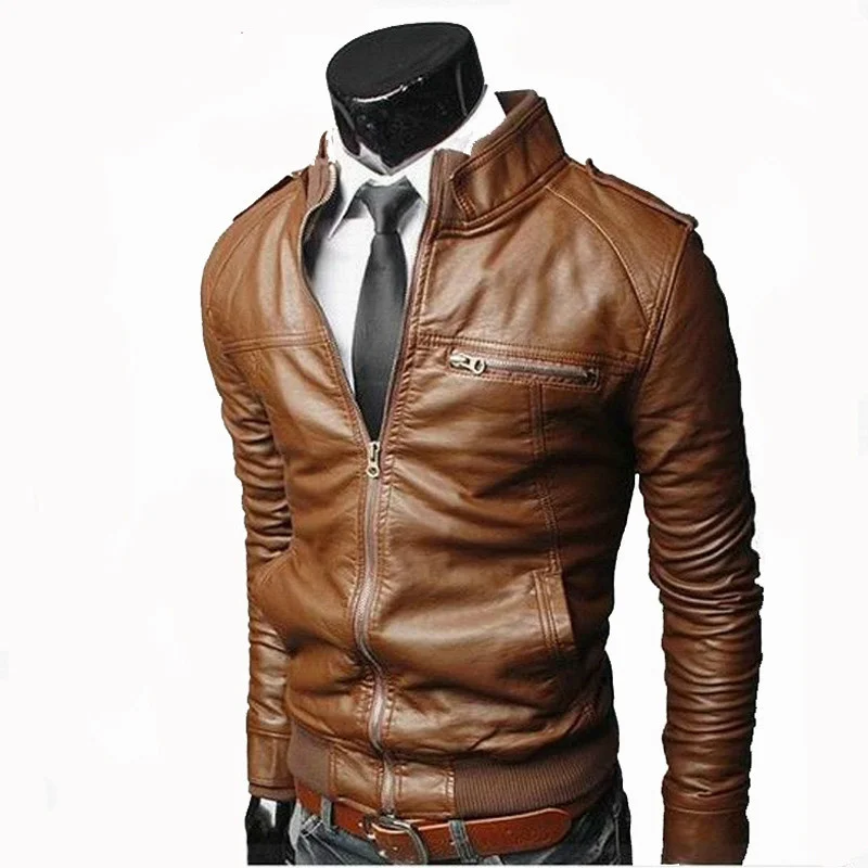 

2021 Spring Autumn Men Faux Leather Jacket Zippers Men's Stand Collar Coat Casual Slim PU Jacket Male Moto Biker Coats Outerwear