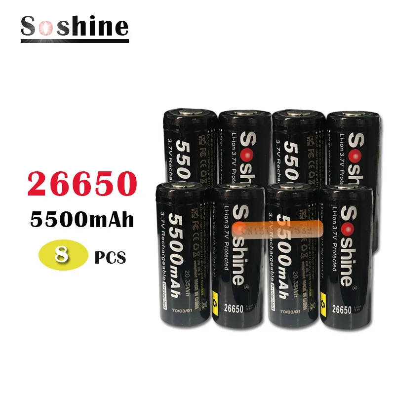 8 шт. аккумуляторные батарейки Soshine 26650 5500 мАч 3 7 В с защитой от солнца|26650 battery|li-ion