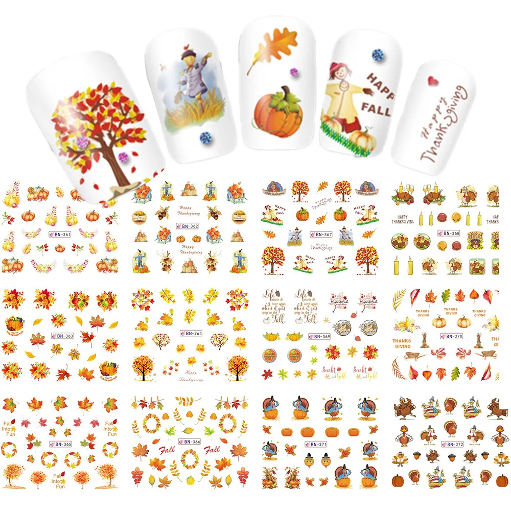 

12 sheets Thanksgiving Day Nail Water Decals Fall nail stickers Autumn Maple leaf Transfer Sticker Decals Thanksgiving nail art