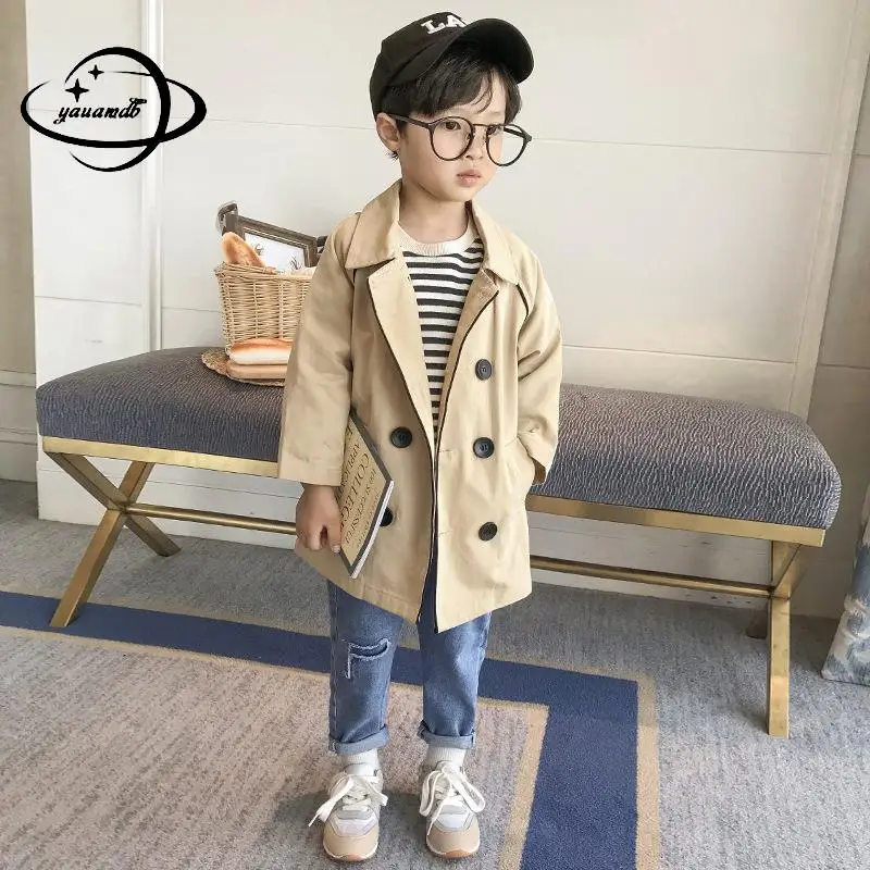 

2-11y Kids Trench Coat Baby Spring Autumn Boys Jacket Overcoat Thin Long Style Turn-Down Collar Children Windbreaker Clothes H40