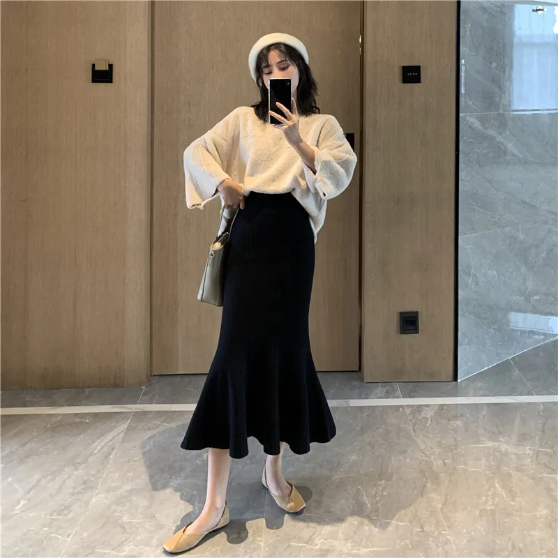 Осенняя Длинная вязаная юбка с высокой талией зима 2019 женская трикотажная зимняя