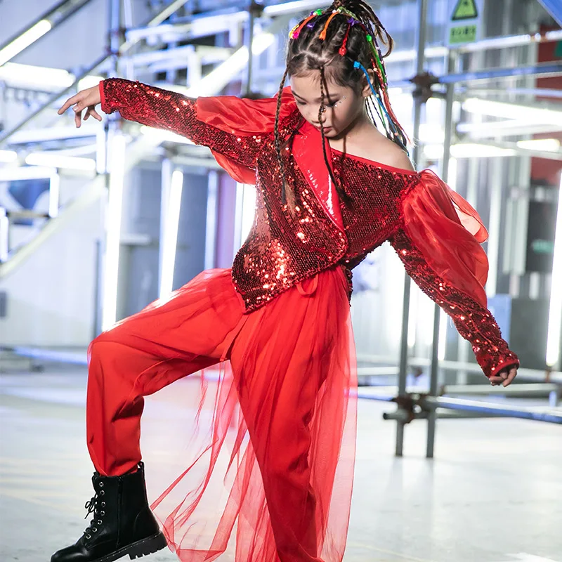 

Детские красные джазовые костюмы с блестками, модная одежда с длинным рукавом для девочек, подиумная выставка, Рождественская одежда, Детск...