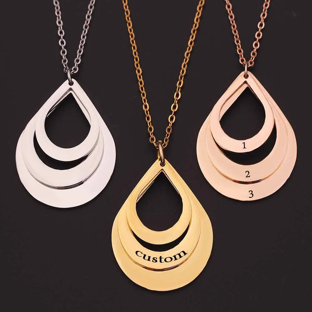 

Water Drop Shape Personalized Pendant Necklace Stainless Steel 3D Name Engrave Custom Jewelry Family Member Necklace Gift