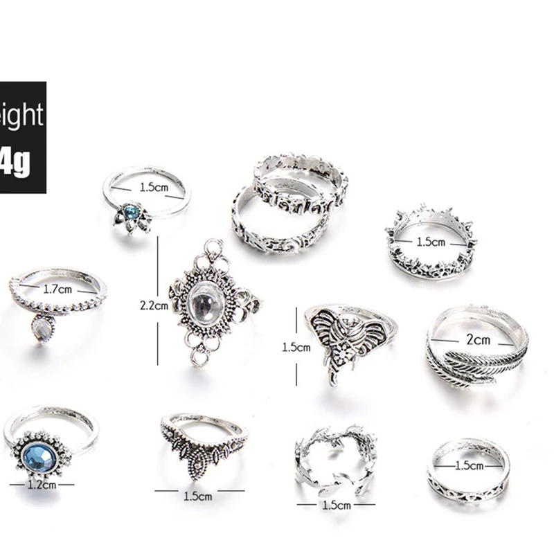 Бохо стиль резной слон лист перо Кристалл Камень Серебряное соединение Кольцо