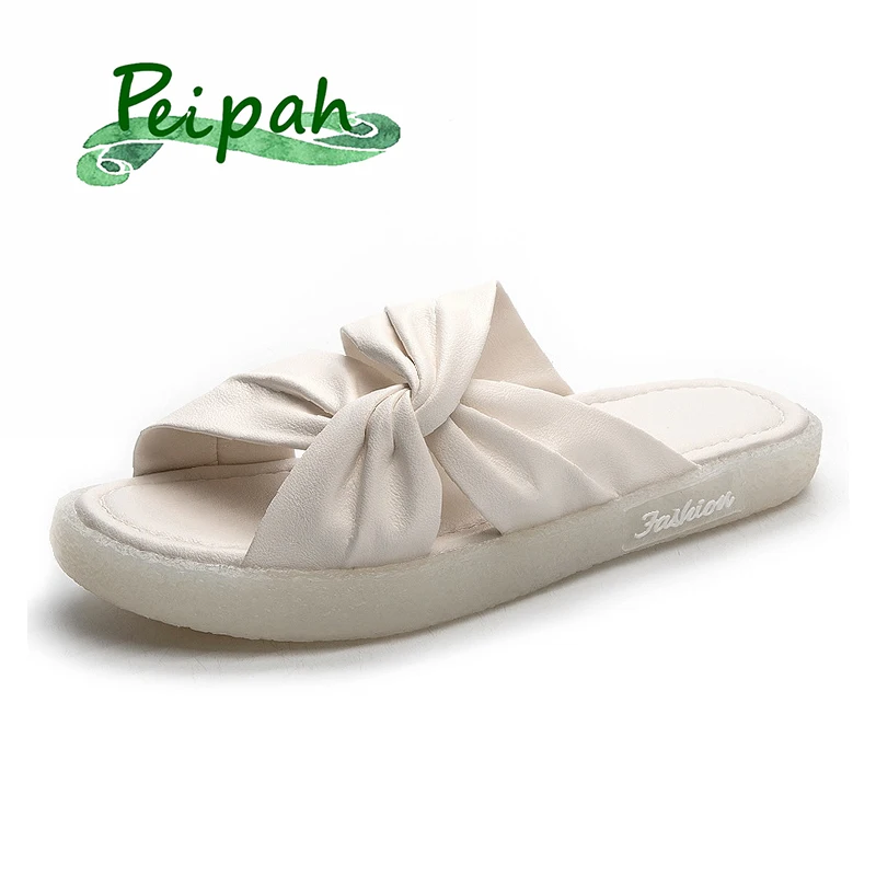 

PEIPAH Summer Sweet Slippers Ladies Genuine Leather Shoes for Women Casual Outside Solid Slides Female Flat With Plus Size 2021