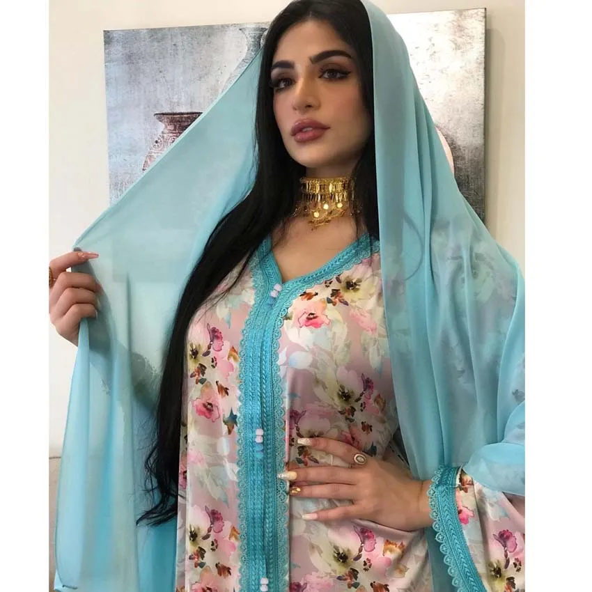 

Muslim Ramadan Middle East Women Clothing Dubai Oman Arabic Clothes Lace Floral Printing Long Abaya Dress European Clothing