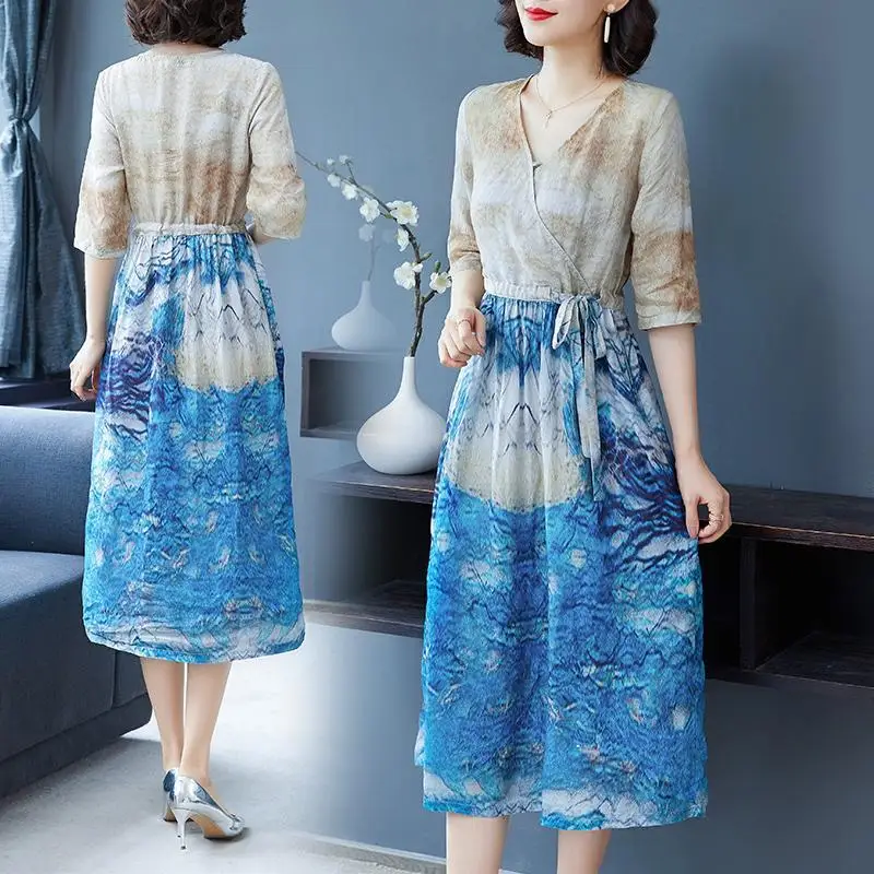 

2020 New Summer Cotton Dress Loose Retro Print Half-sleeved Dress Large Size M-3XL Fashion High Quality Elegant Party Vestidos