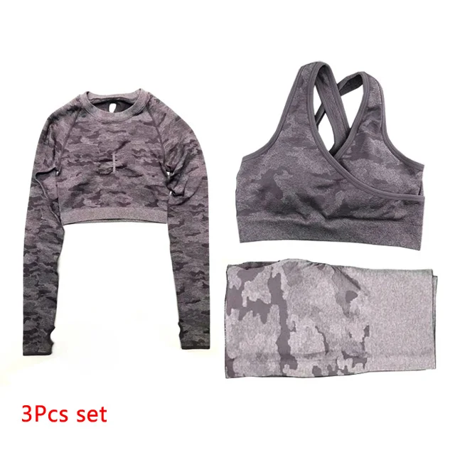 Purple 3Pcs Set 3 шт., камуфляжный бесшовный комплект для йоги, женская одежда для тренировок, бюстгальтер с эффектом омбре, топы с длинными рукавами, леггинсы, спортивный комплект для фитнеса, женская спортивная одежда - Цвет: Purple 3Pcs Set