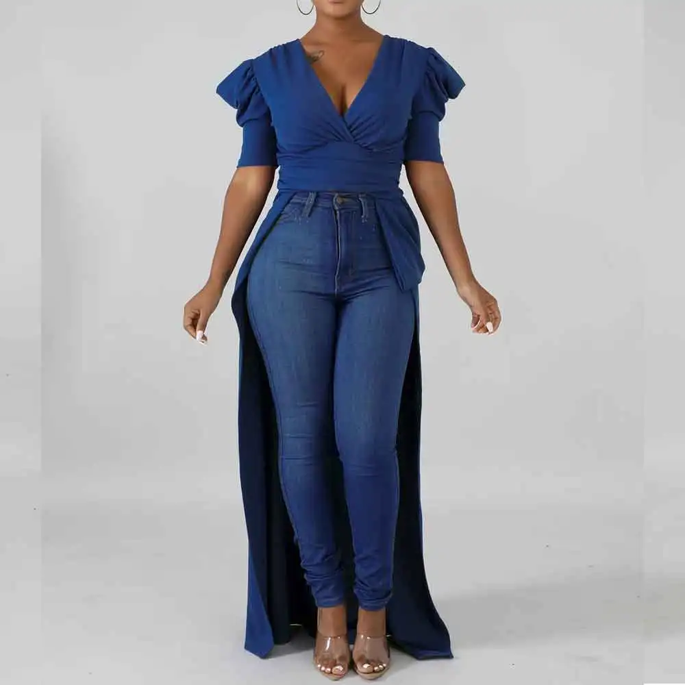 Простые Летние Длинные Блузки с v образным вырезом и коротким рукавом женские