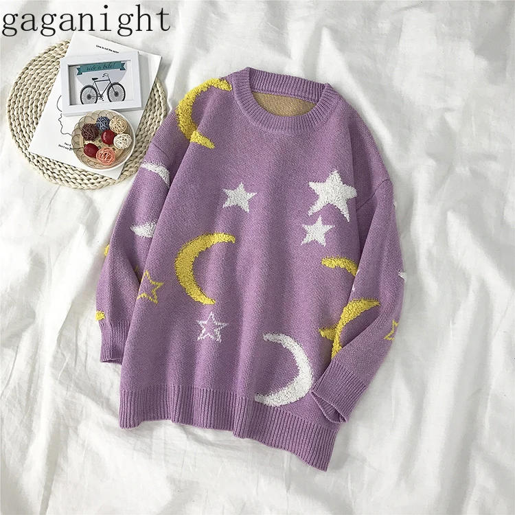 Gaganight Moon Stars корейский Свободный женский свитер с длинным рукавом и круглым