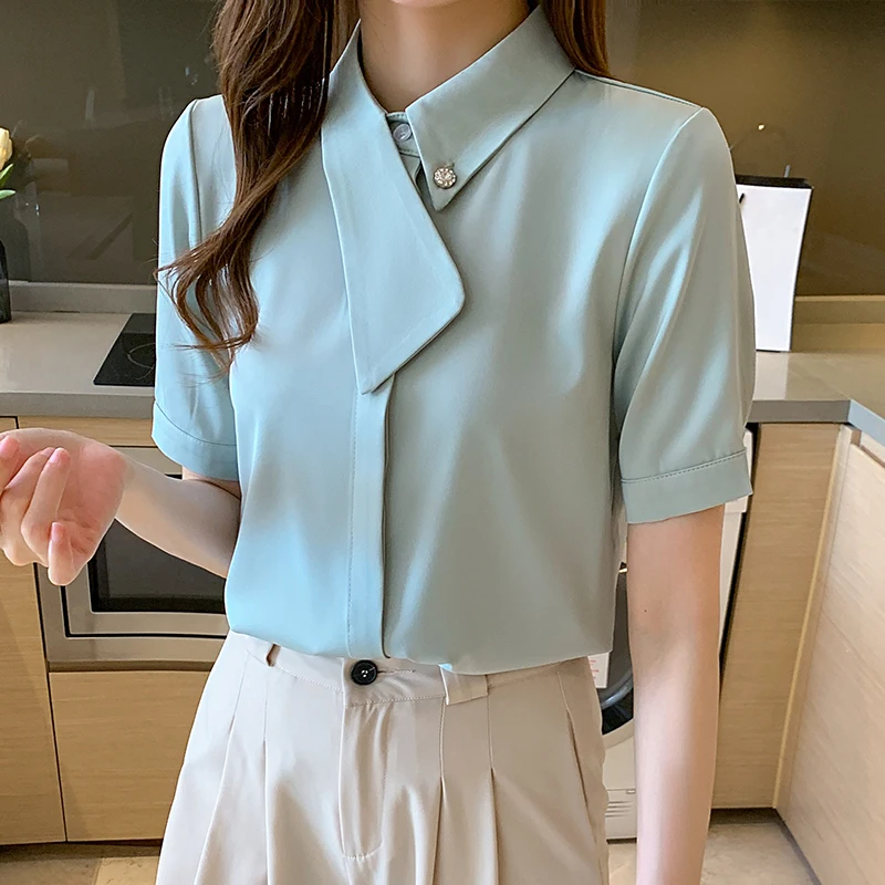 

White Shirt Women's Fashionable Stylish Short Sleeve Graceful Stand Collar Shirt Women's 2021 Summer Top