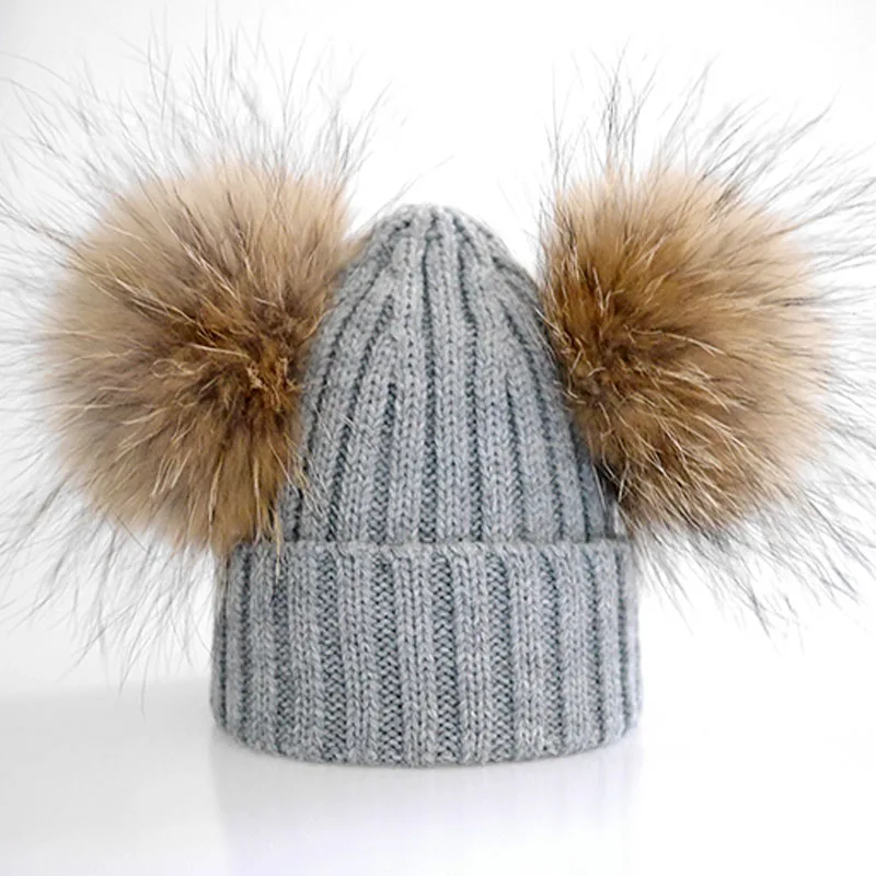 grey natural pom От 6 месяцев до 3 лет зимняя шапка с меховым помпоном для детей шерстяная вязаная шапочка шляпы для девочек - Цвет: grey natural pom
