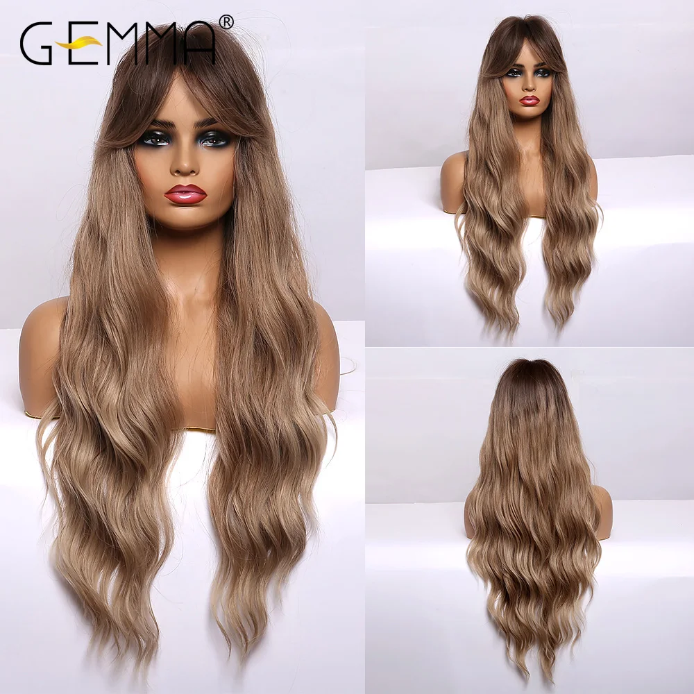 

GEMMA Ombre Black Brown Gray Ash Long Wavy Synthetic Wigs with Bangs Natural Cosplay Daily Heat Resistant Hair for Black Women