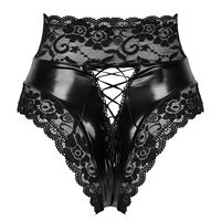 women high waist floral lace trimming patent leather briefs lace up back panties underwear for nightclub pole dance show