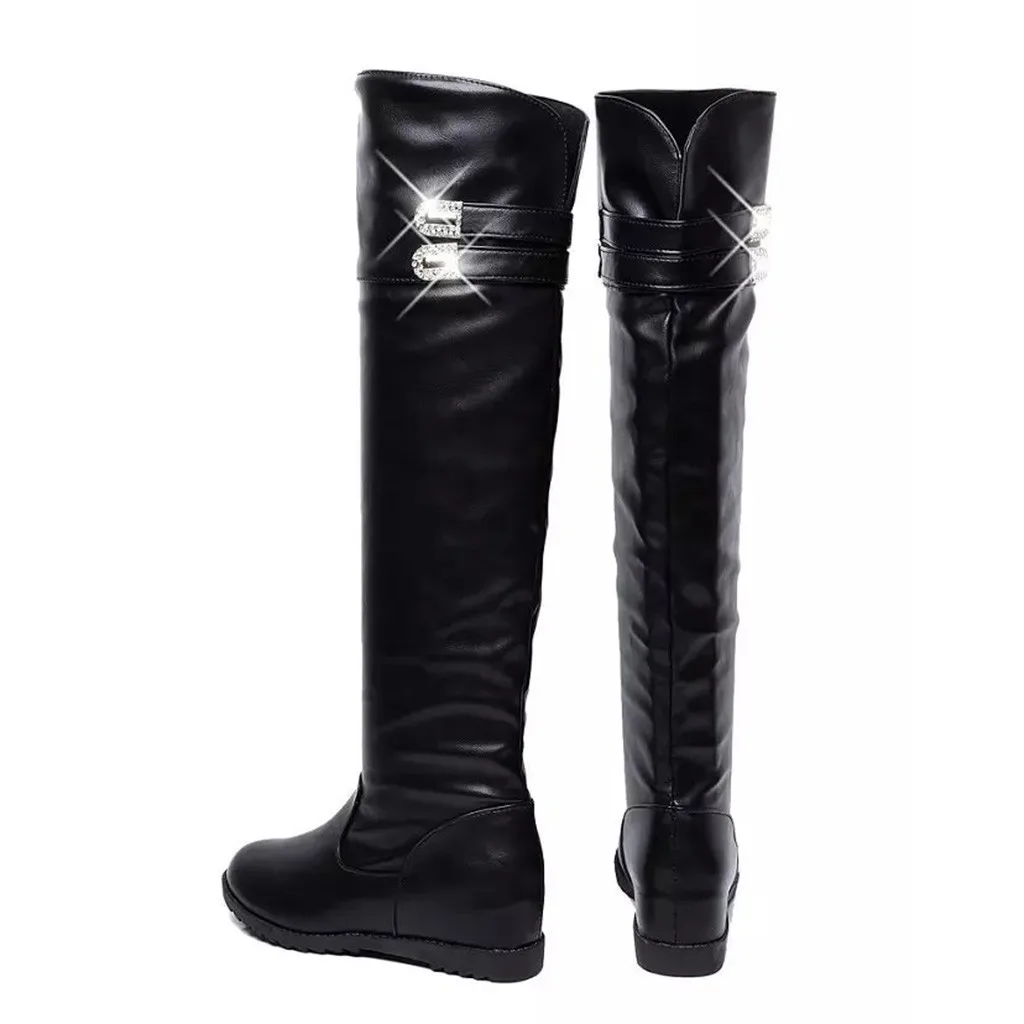 Botas Mujer/женские зимние сапоги выше колена, украшенные кристаллами, с круглым носком, на высоком каблуке, пикантные сапоги zapatos de mujer, зимние женские сапоги, 30