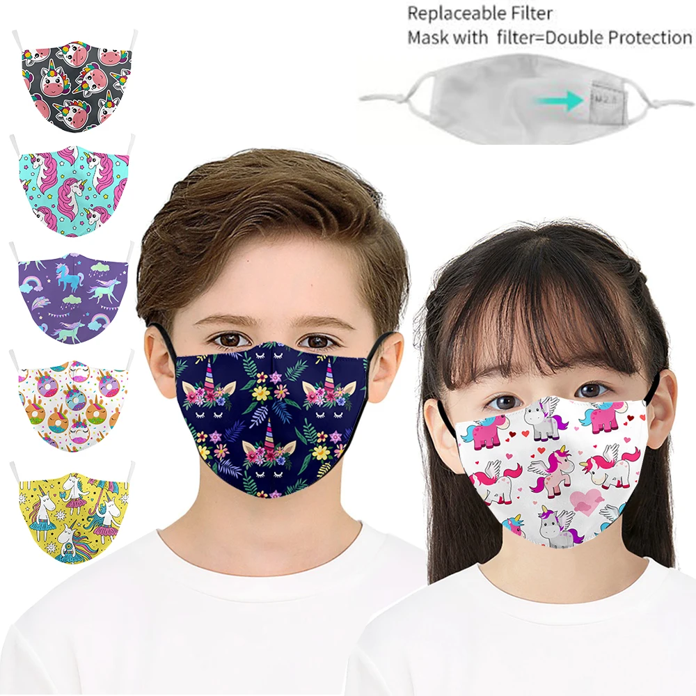 

Cute Cartoon Colorful Unicorn Print Mask Washable Adjustable Fashion children's Kids Mouth Mask Support Plug PM2.5 Filter