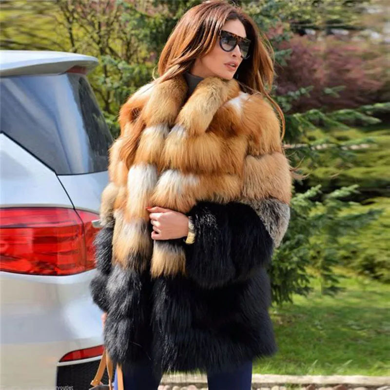 

80cm Long Genuine Red Fox Fur Coats with Fur Collar Thick Warm Winter Fur Overcoats Luxury Women Full Pelt Fox Fur Coat Outwear