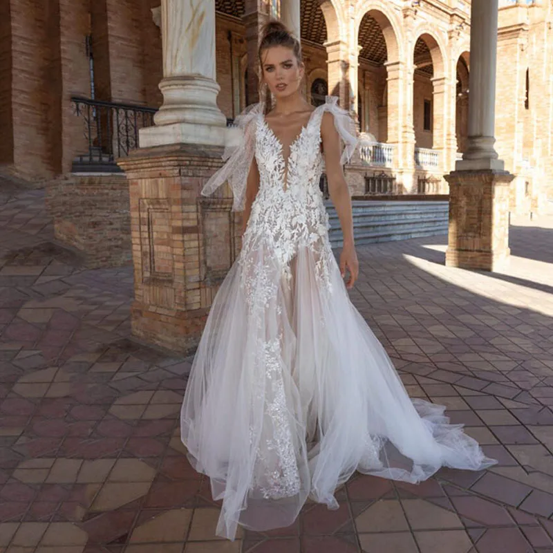 

White Wedding Dress Lace 3D Flower O-neck Long Sleeve Simple Bridal Dresses Zipper Custom Made Plus Size Wedding Gown