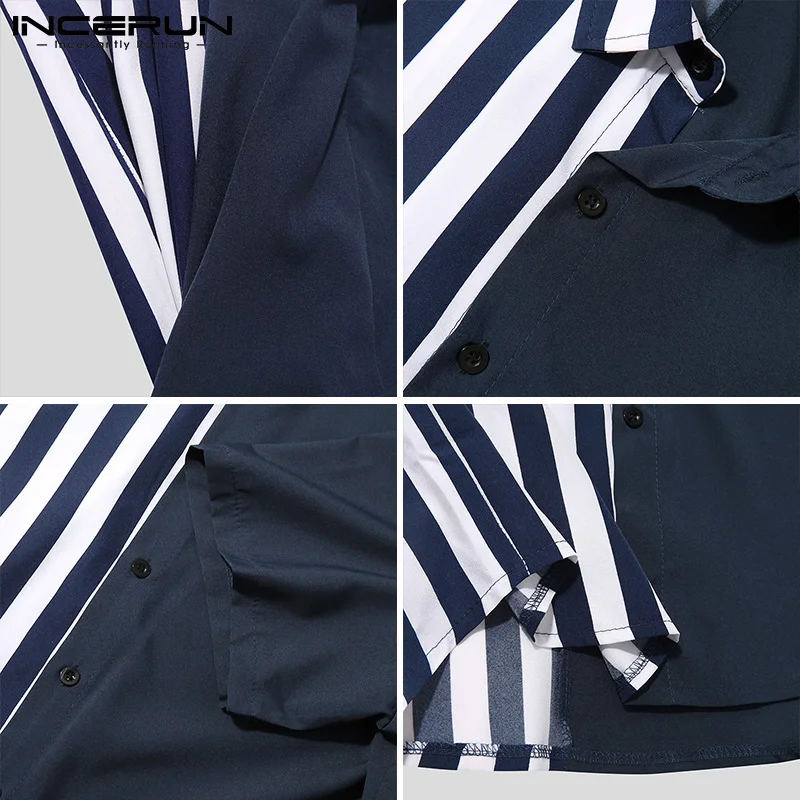 

INCERUN 2021 Summer Men Casual Shirt Brand Striped Patchwork Lapel Short Sleeve Camisas Streetwear Button Leisure Men Clothing