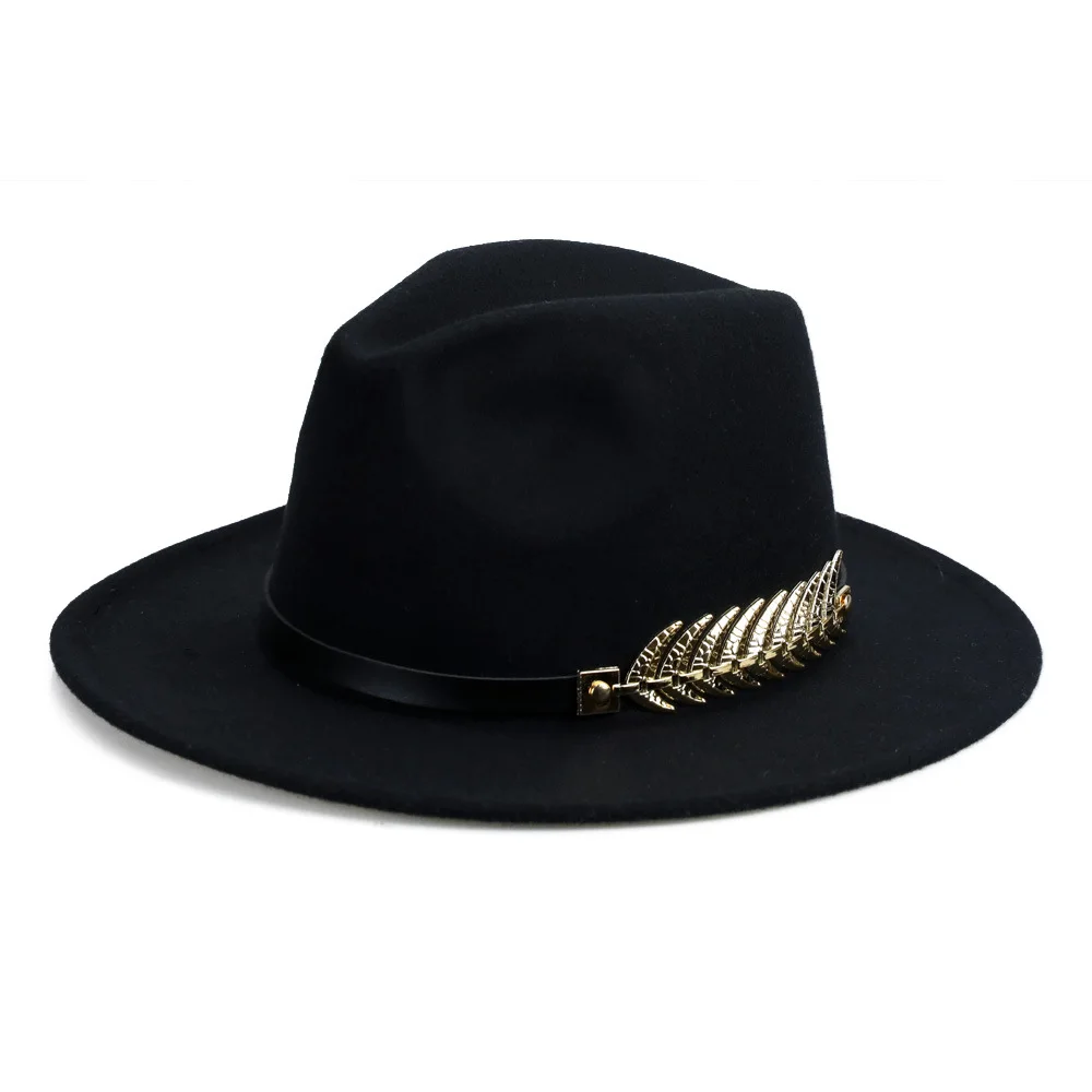 

Ladies Felt Hat Vintage British Men Women Metal Leaf Belt Wide Brim Autumn And Winter Felt Hat Elegant Fascinator Jazz Top Hat