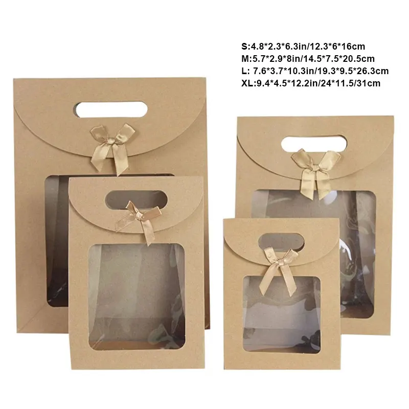 

2pcs Kraft Paper Bags With Clear Window Christmas Gift Bags With Handle Bow Cookie Packaging Bags Wedding Party Favor Boxes