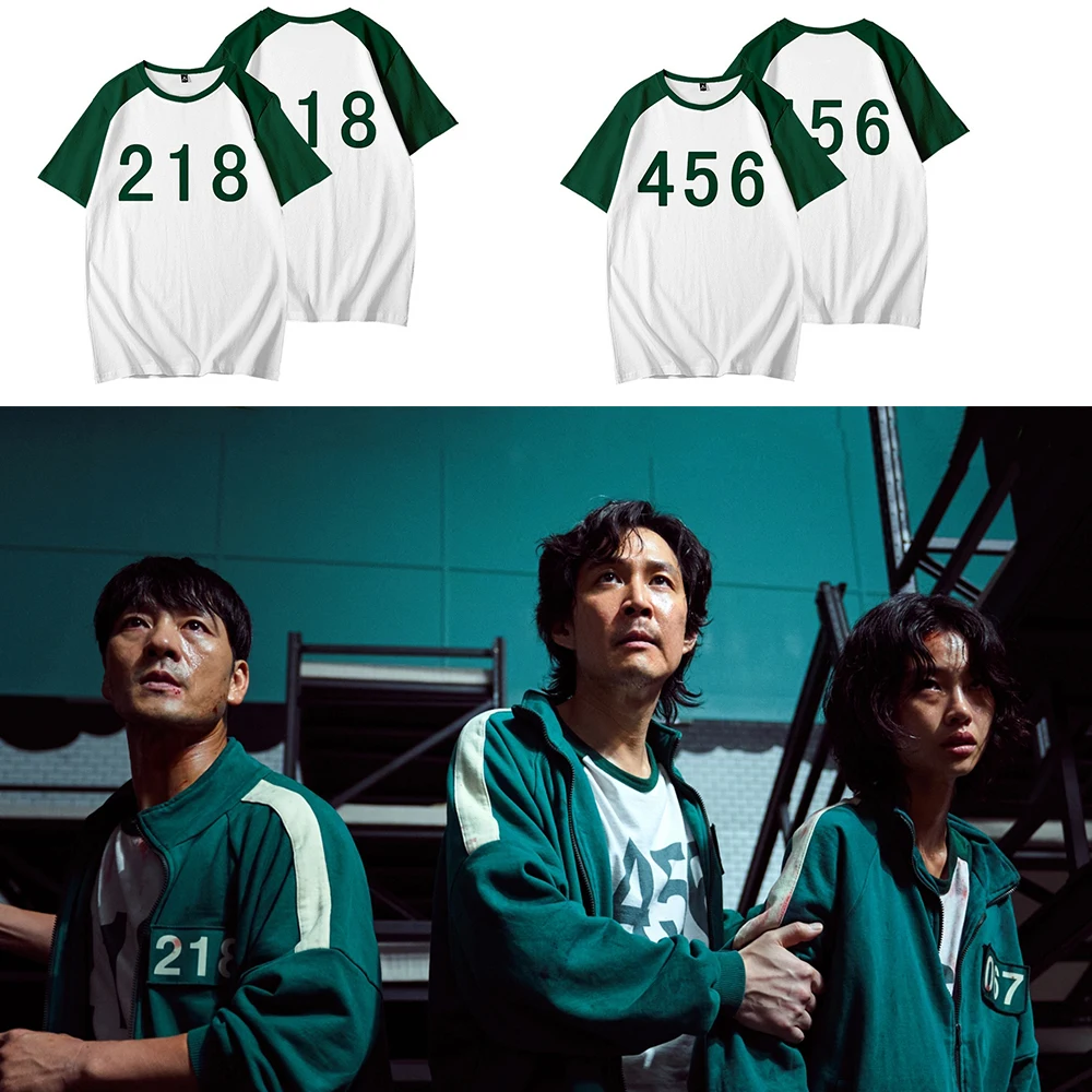 

Squid Game TV Series Cosplay T-shirt Gi-hun Sang-Woo Number 456 218 067 001 Short Sleeve White Green Costume Props