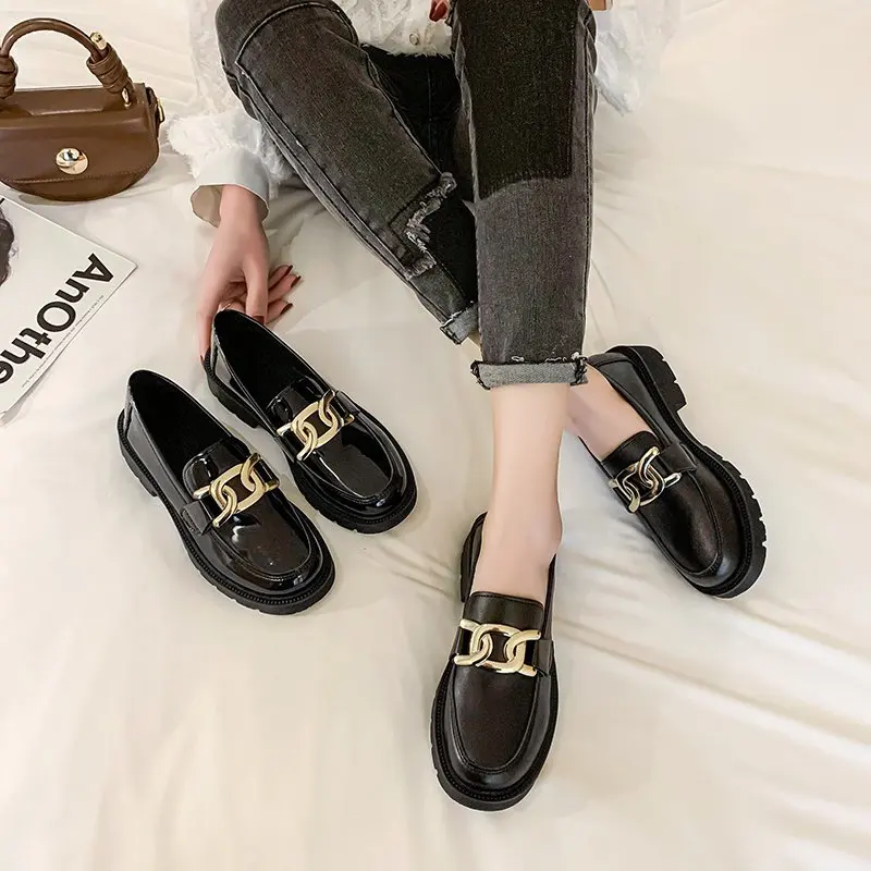 

2021 New Shoes Women Ladies Thick Sole Slip on Flats Creepers Leather Platform Shoes Casual Buckle Shoes Zapatos De Mujer