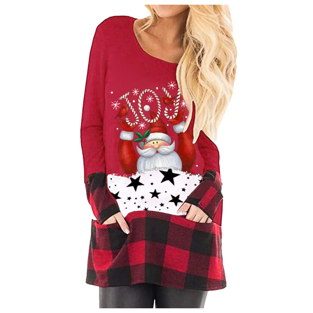 Женские Рождественские Длинные Топы в клетку с длинным рукавом милая туника
