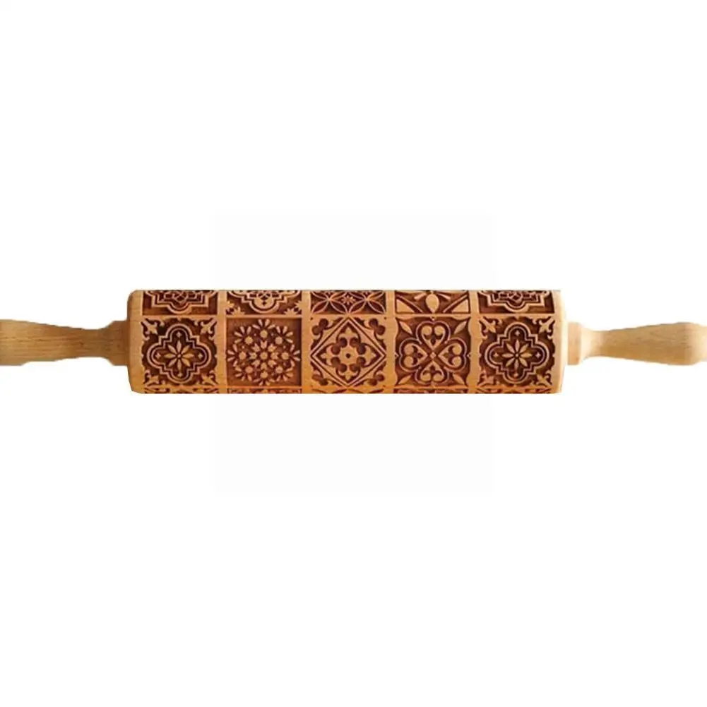 

Exquisite Pattern Rolling Pin Wooden Embossing Baking Dough Pin Grid Square Tools Engraved Cookies Kitchen Mold Rolling U1c4
