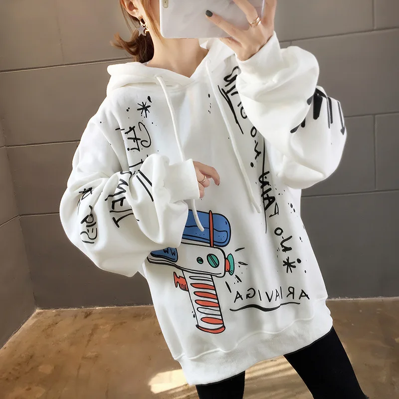 

2021 Autumn Winter Korean Hooded Sweatshirts Casual Cartoon Printing Mid Length Hoodies Loose Fleece Oversized Sweatshirt