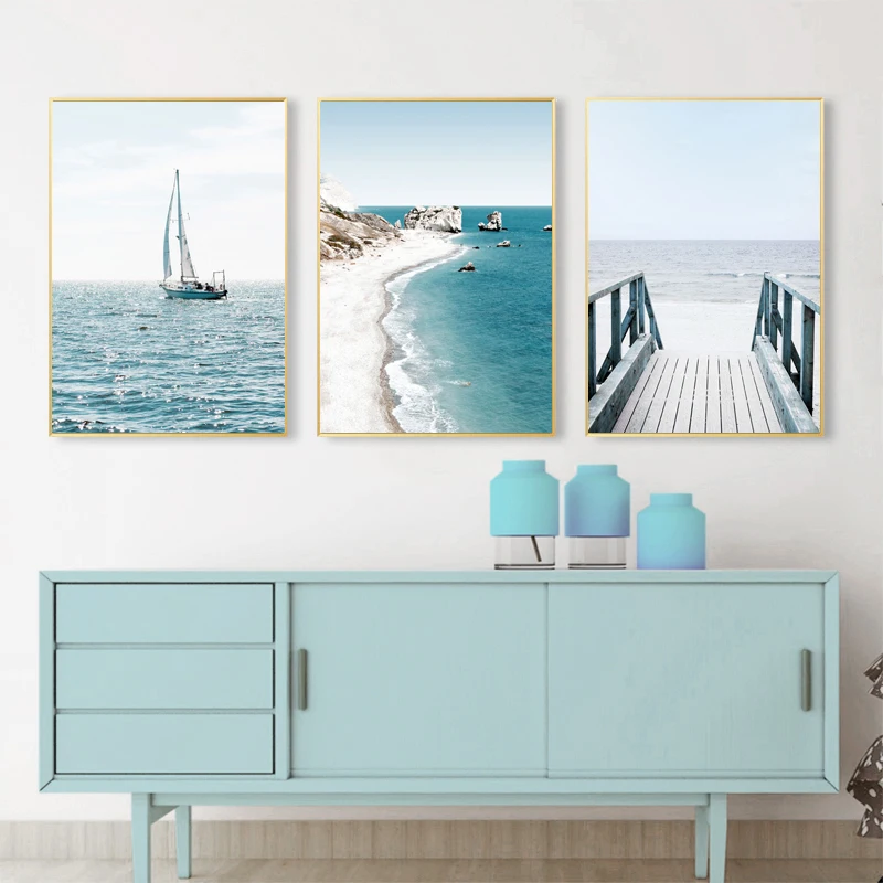 landscape Art Canvas Painting Nordic Posters Sea Bridge Reed Beach Sailboat Quote And Prints Wall Pictures For Living Room Decor | Дом и сад