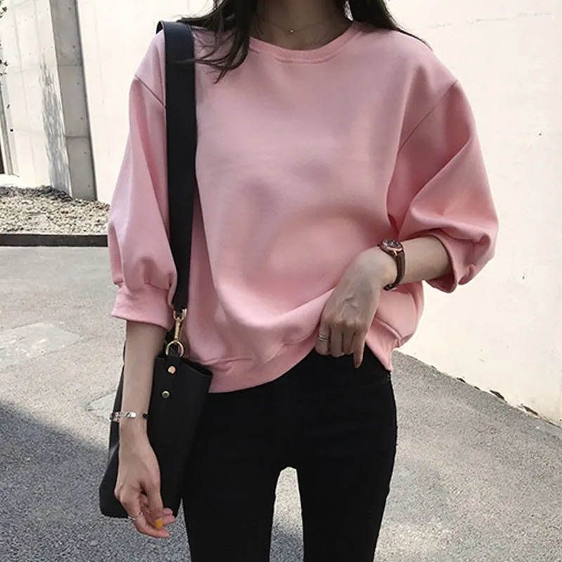 

Spring Autumn New Solid Candy Color Sweatshirt Loose Casual Round Neck Lantern Sleeve Women Pullover