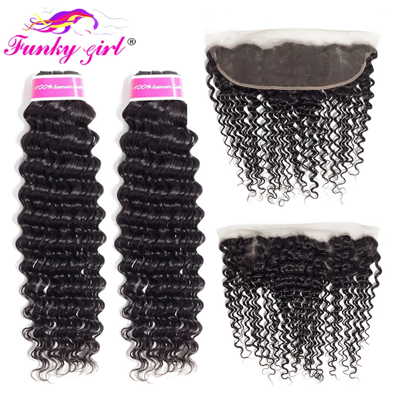 

Funky Girl Ear To Ear Lace Frontal Closure With Bundles Peruvian Deep Wave Human Hair 3/4 Bundles With Frontal Closure Non Remy