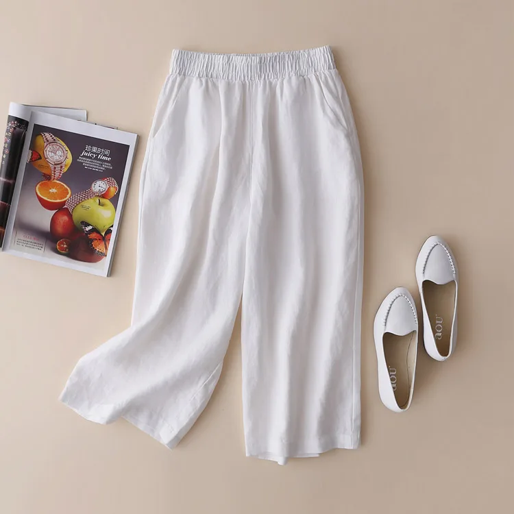 

2021 New Summer Women Elastic High Waist Wide Leg Skirt Pants Korean Cotton Linen Casual Ladies Straight Trousers Plus Size Z62