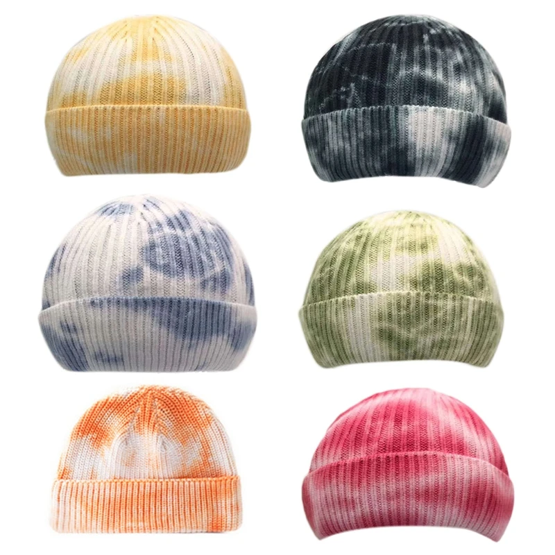 

Unisex Winter Warm Ribbed Knitted Beanie Cap Gradient Tie-Dye Harajuku Hip Hop Skiing Short Melon Cuffed Skull Hat