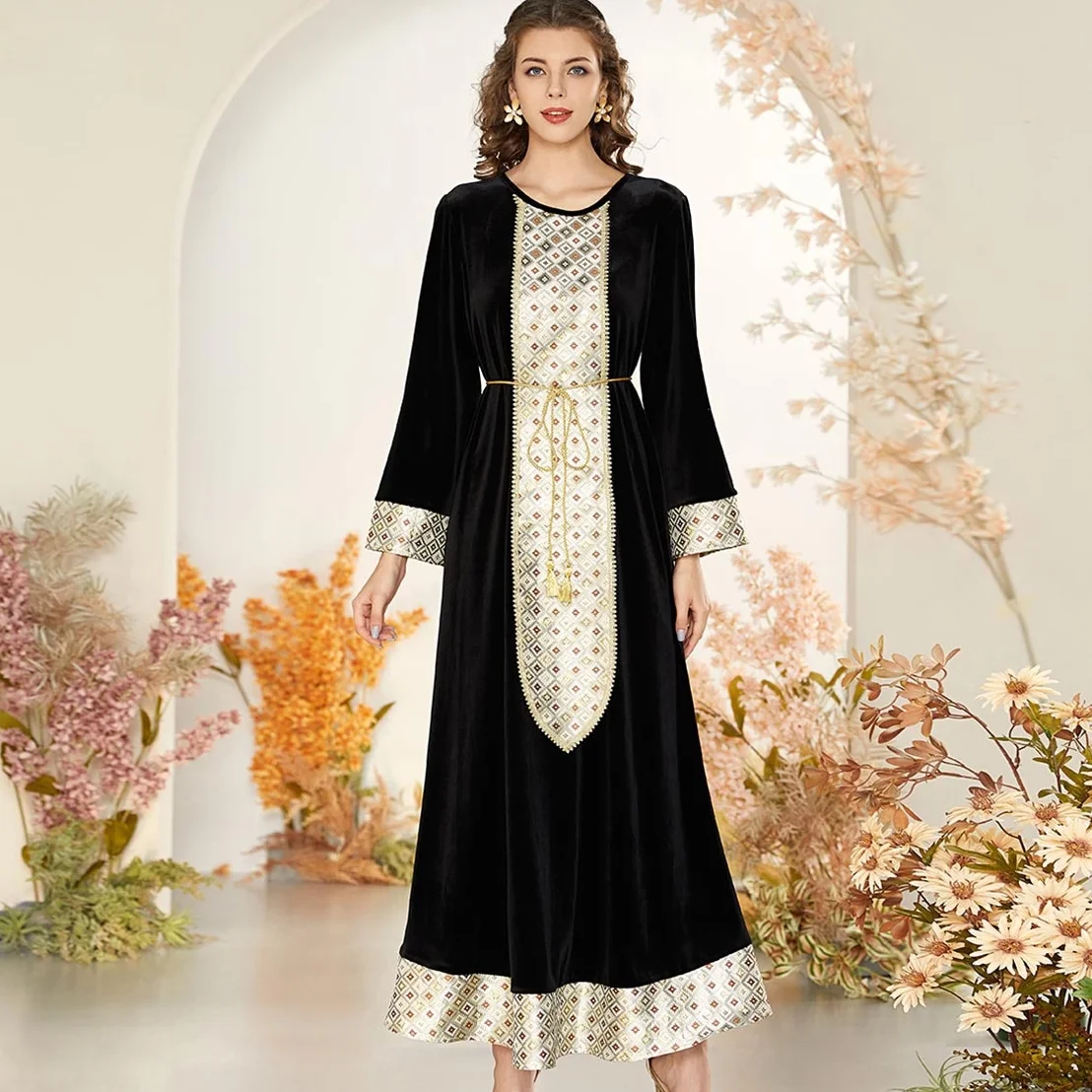 Женское этническое платье с вышивкой, элегантное золотистое жаккардовое длинное платье в мусульманском стиле, черное тонкое бархатное мус...
