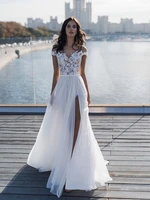 beach wedding dress lace appliques tulle summer bride dress side slit wedding gowns elegant long dress robe de mariee