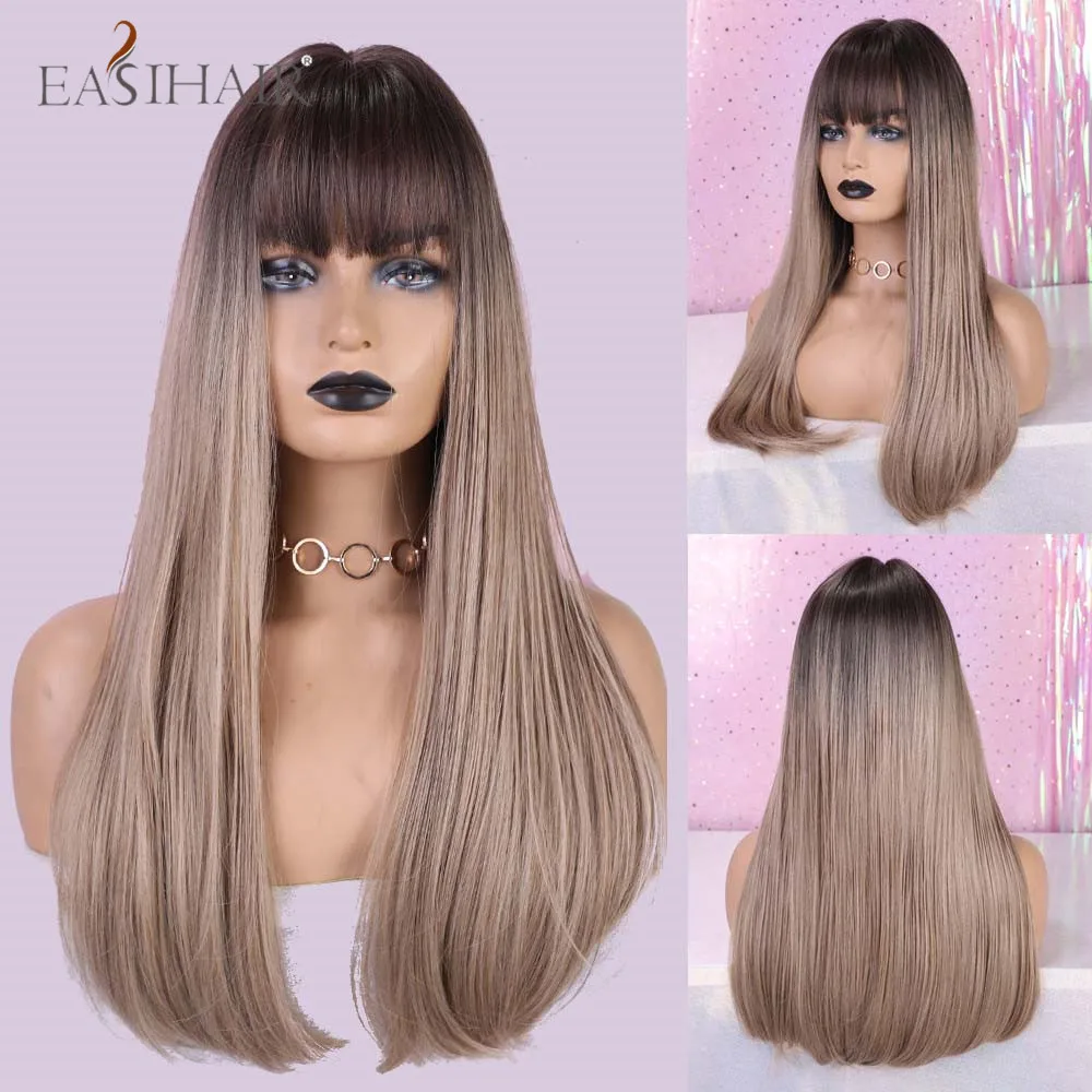 Длинные прямые синтетические парики с челкой смешанные белые из натуральных