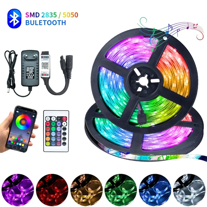 

Светодиодный RGB полосы света Bluetooth Iuces 5050 SMD 2835 Гибкая лампа лента диод DC12V 5, 10 м, 15 м, 20 м Красочный светодиодный полосы декором