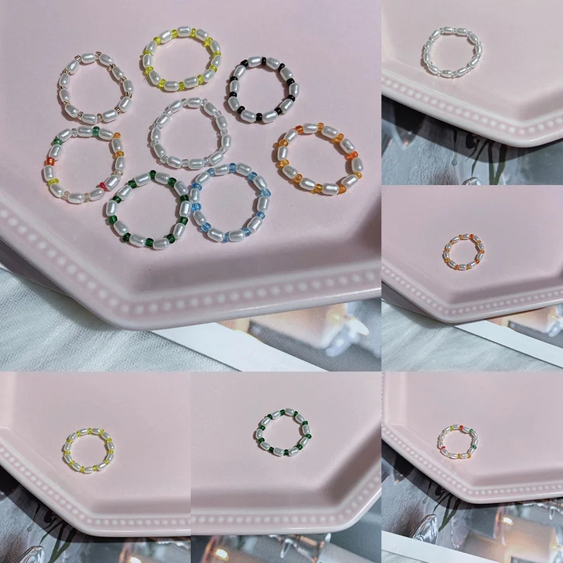 

Korea Cute Multi Beaded Imitation Pearl Colorful Crystal Adjustable Rope Chain Rings For Women Continuous Circle Minimalist Ring